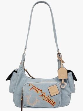 True Religion Light Blue Shoulder Bag with Tan Accents and Embroidered Logo